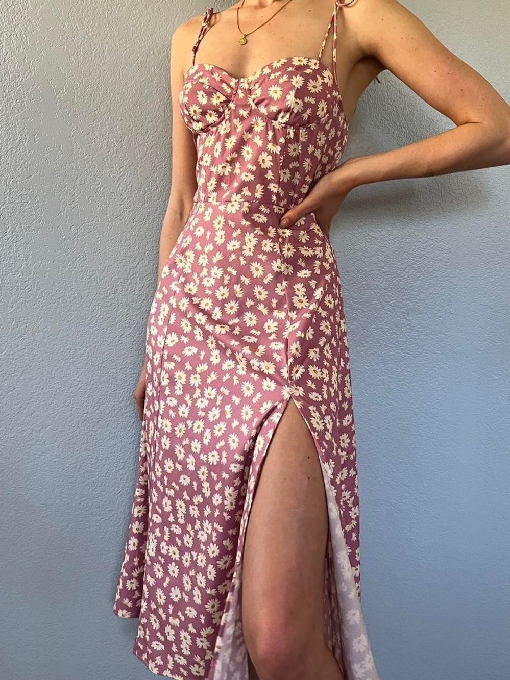 Women’s Pink Floral Midi Dress with Spaghetti Straps